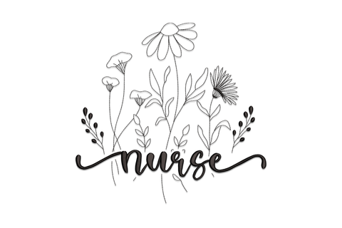 Nurse floral line art embroidery design, single colour outline nurse figure with botanical florals, minimalist.