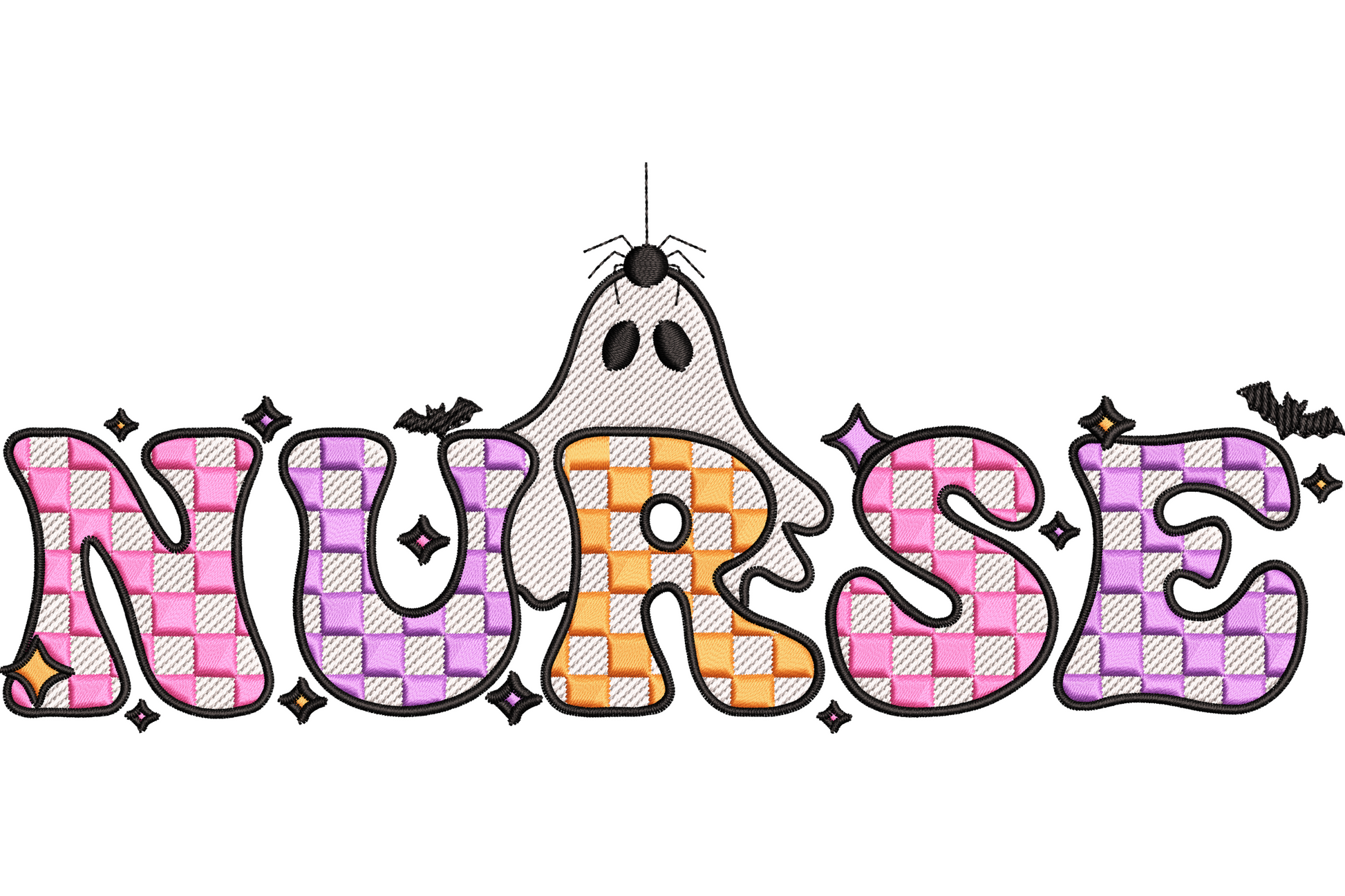 Nurse ghost checkered embroidery design showing a white ghost in a nurse hat with red cross against black and white checker background in a wide horizontal format.