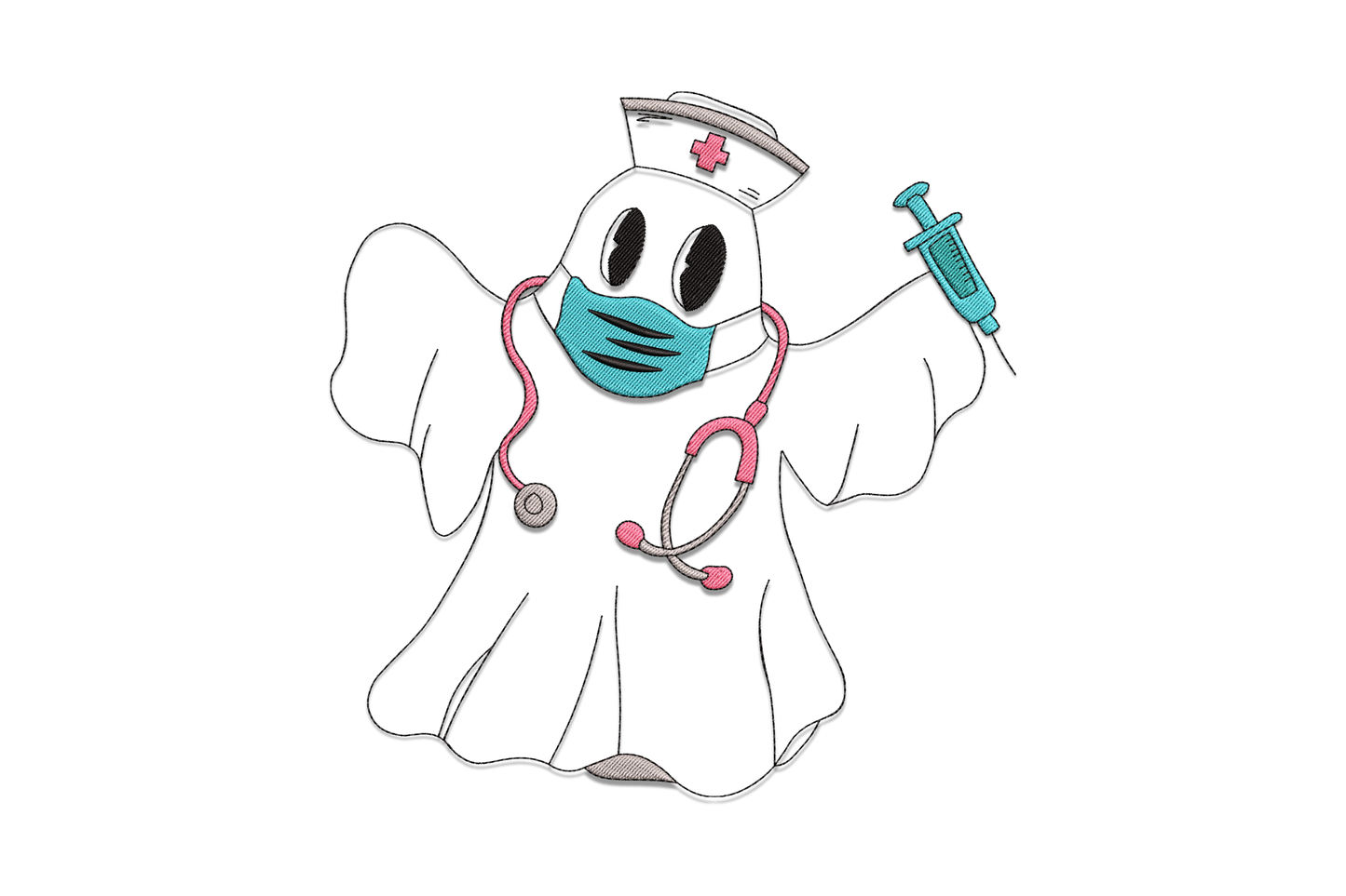 Nurse ghost holding syringe embroidery design, kawaii ghost in nurse cap with teal mask and stethoscope, spooky cute Halloween style
