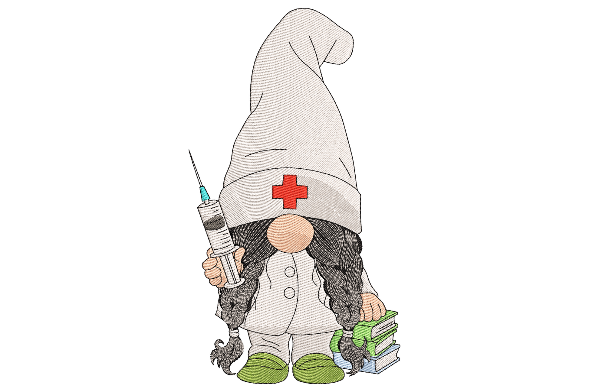 Nurse gnome embroidery design showing a whimsical gnome in a white nurse coat and tall pointed grey hat with red cross, holding a syringe and stack of green books with grey braids and green shoes.