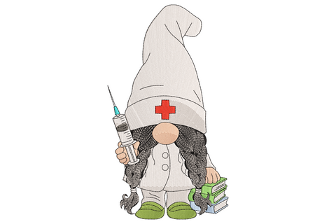 Nurse gnome embroidery design showing a whimsical gnome in a white nurse coat and tall pointed grey hat with red cross, holding a syringe and stack of green books with grey braids and green shoes.