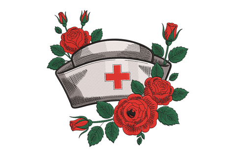 Nurse's hat with red cross surrounded by red roses embroidery design