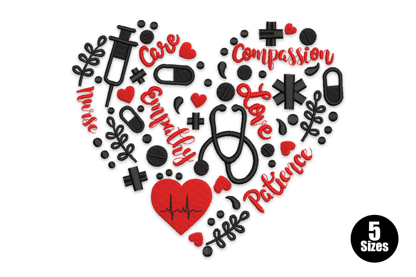 Nurse heart embroidery with stethoscope, syringe and medical icons in red and black, EKG heartbeat line along the base.