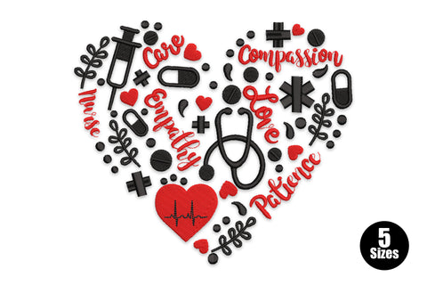 Nurse heart embroidery with stethoscope, syringe and medical icons in red and black, EKG heartbeat line along the base.