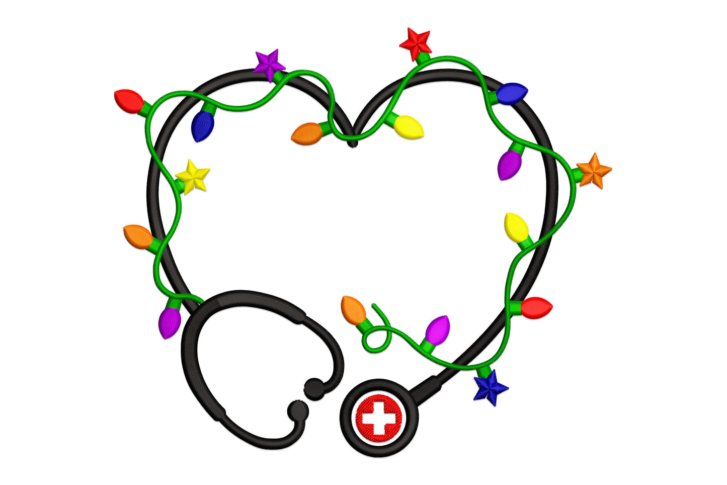 Nurse heart stethoscope embroidery design with Christmas fairy lights and coloured bulbs wrapped around a stethoscope heart shape.