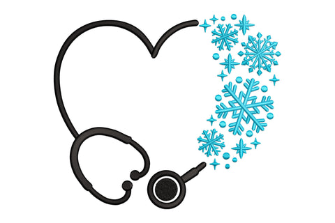 Nurse stethoscope heart snowflake embroidery design with black stethoscope bent into a heart and icy blue snowflakes on white.