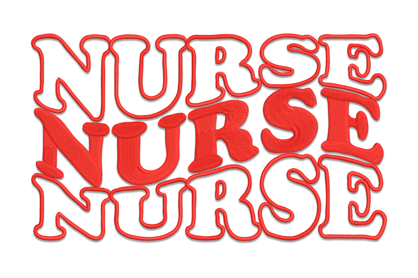 Nurse nurse nurse embroidery design with bold red repeated text in a wide horizontal band, nursing appreciation pattern