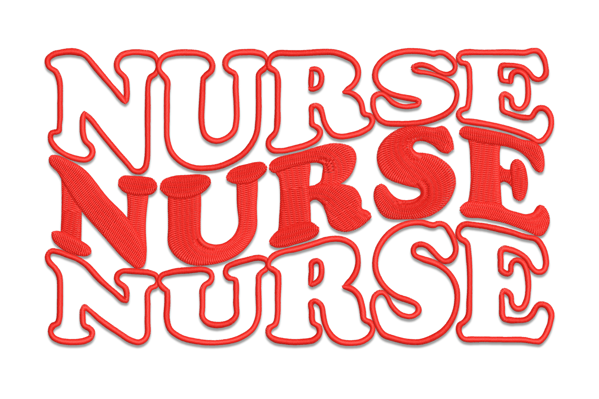 Nurse nurse nurse embroidery design with bold red repeated text in a wide horizontal band, nursing appreciation pattern