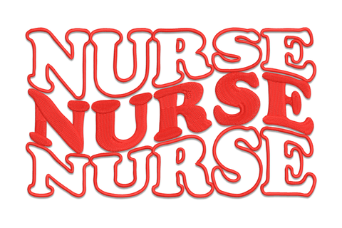 Nurse nurse nurse embroidery design with bold red repeated text in a wide horizontal band, nursing appreciation pattern