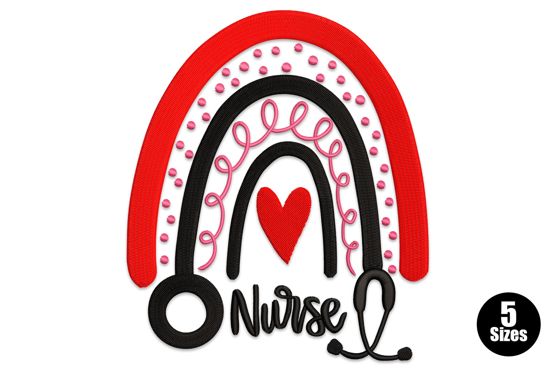 Nurse rainbow embroidery with red satin arch, pink dot ring, stethoscope loop and cursive Nurse script, 3 colours