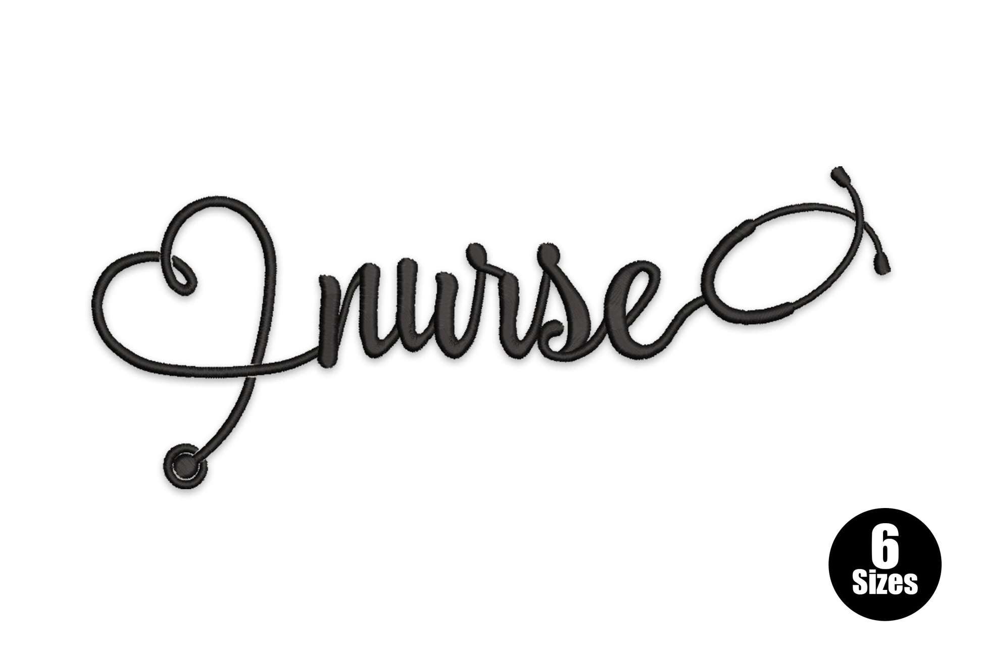 Nurse script cursive embroidery, open heart in the n stroke, stethoscope tail on the e, all black fine-line single colour.