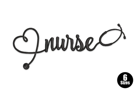 Nurse script cursive embroidery, open heart in the n stroke, stethoscope tail on the e, all black fine-line single colour.