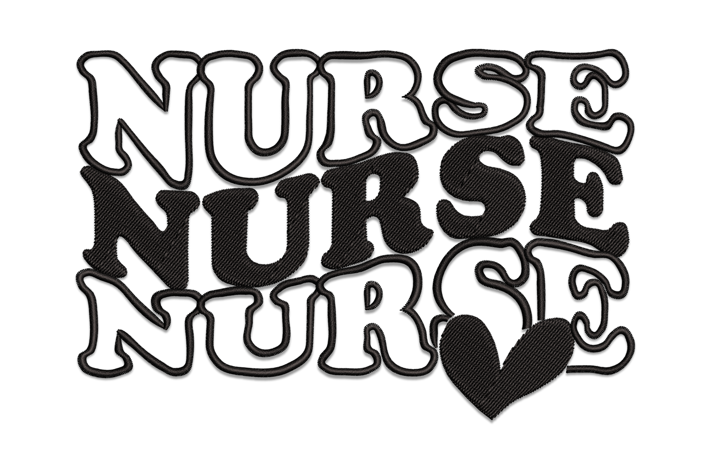 Nurse word art embroidery design, typography silhouette with healthcare words inside the letters, single colour, 4 sizes, medical nursing theme