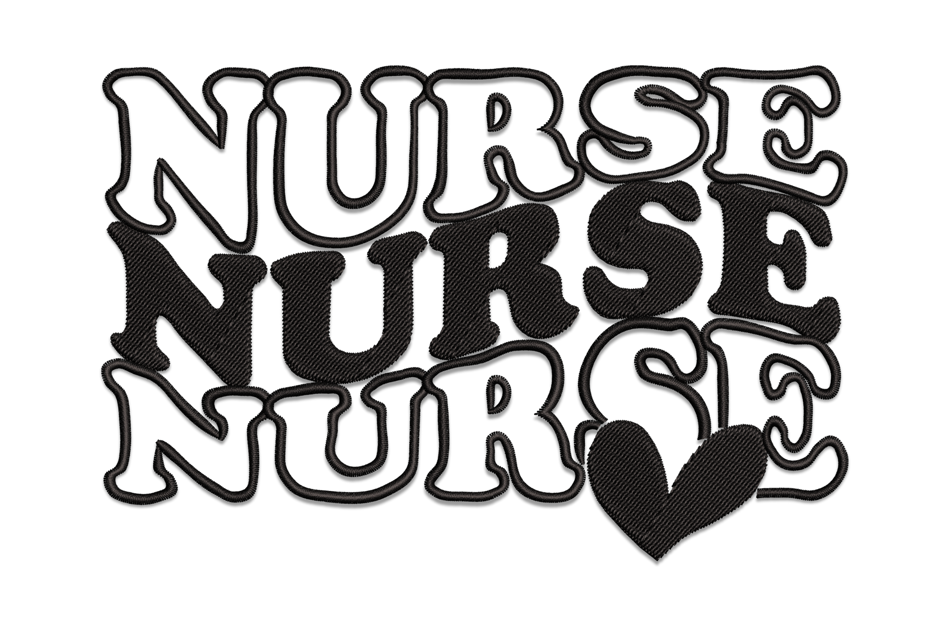 Nurse word art embroidery design, typography silhouette with healthcare words inside the letters, single colour, 4 sizes, medical nursing theme