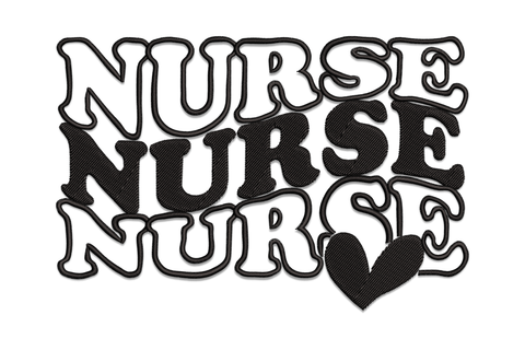 Nurse word art embroidery design, typography silhouette with healthcare words inside the letters, single colour, 4 sizes, medical nursing theme