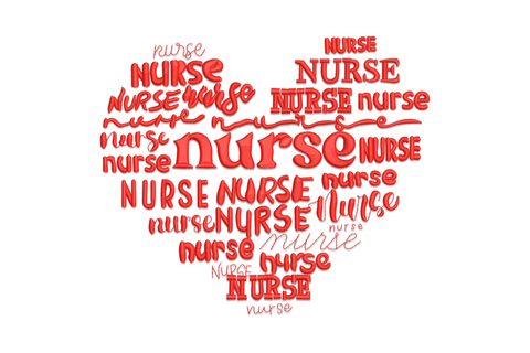 Heart shape formed from the word nurse repeated in multiple font styles and sizes as a word cloud embroidery in red, dense text fill reads as solid heart from distance