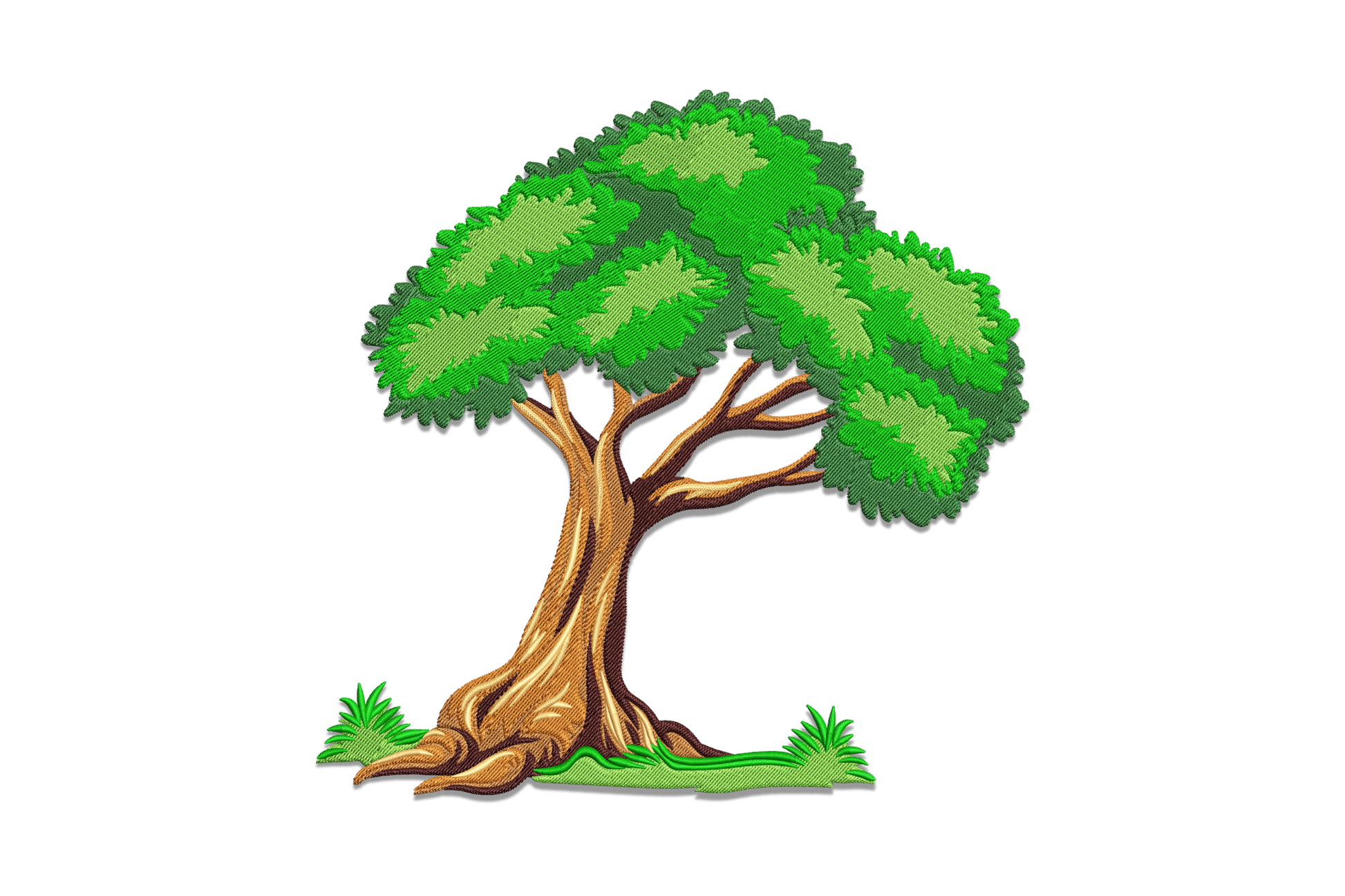 Realistic detailed oak tree embroidery with wide gnarled trunk, surface roots at ground line, layered multi-green foliage canopy and grass tufts at base, 7 color landscape tree design