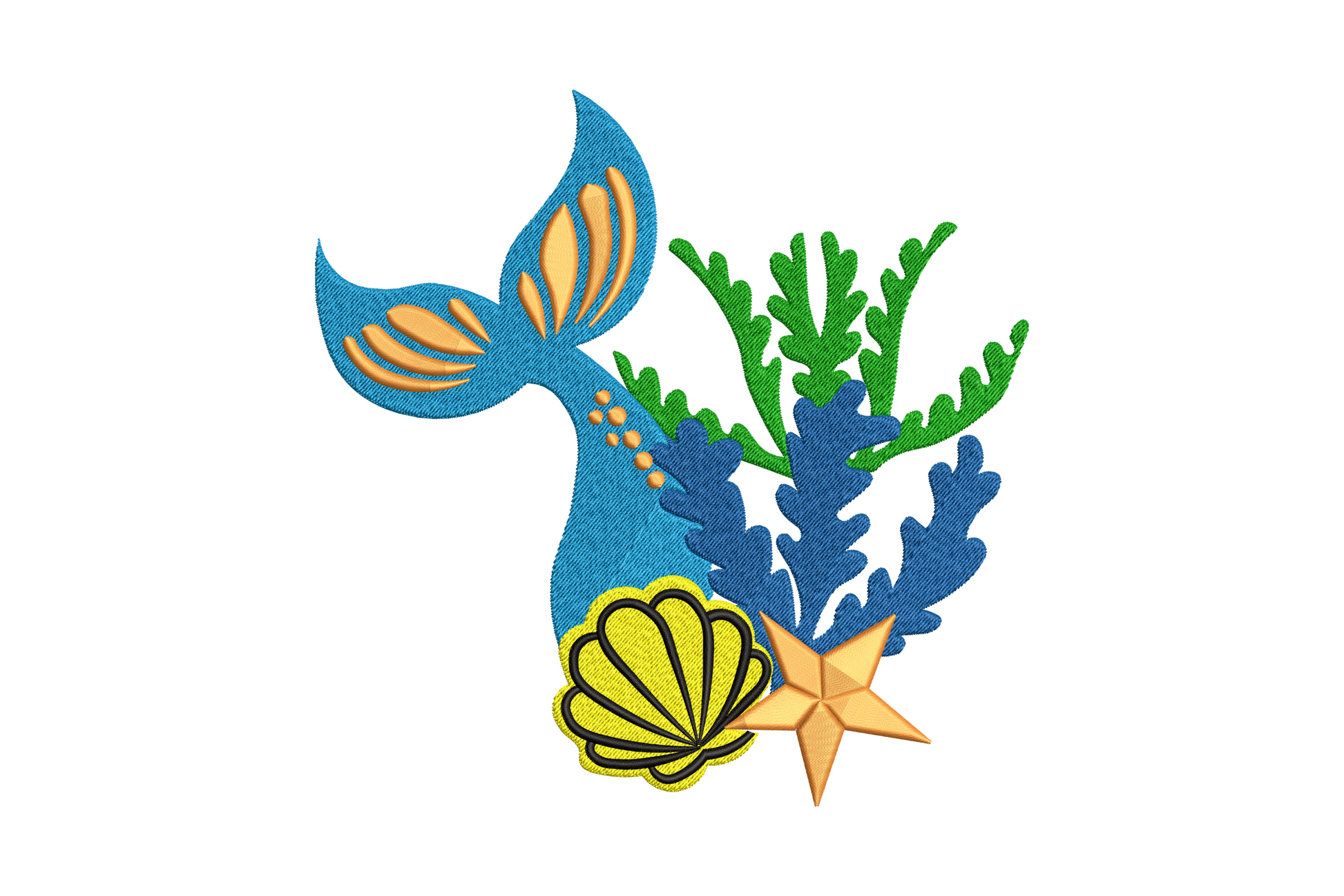 Ocean mermaid tail seashell starfish embroidery, blue orange striped tail with green seaweed yellow shell and orange starfish, 6 colours