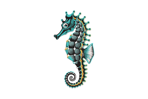 Detailed seahorse with curled spiraling tail, articulated body plates, dorsal fin and orange crown ridge in aqua teal black and orange thread