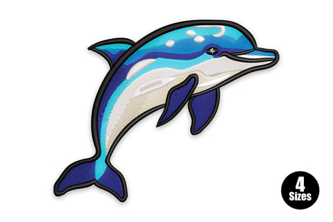 Ocean splash dolphin embroidery -- bold 6-colour cartoon dolphin in mid-leap with thick black outline, sticker style