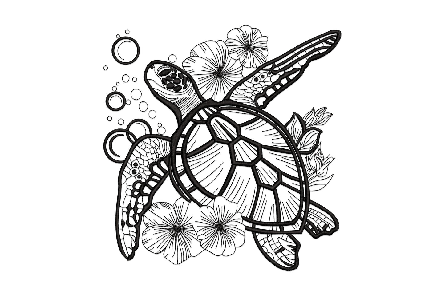 Sea turtle embroidery design viewed from above with geometric shell panel lines, hibiscus flowers behind and floating bubble rings, in detailed black line art.