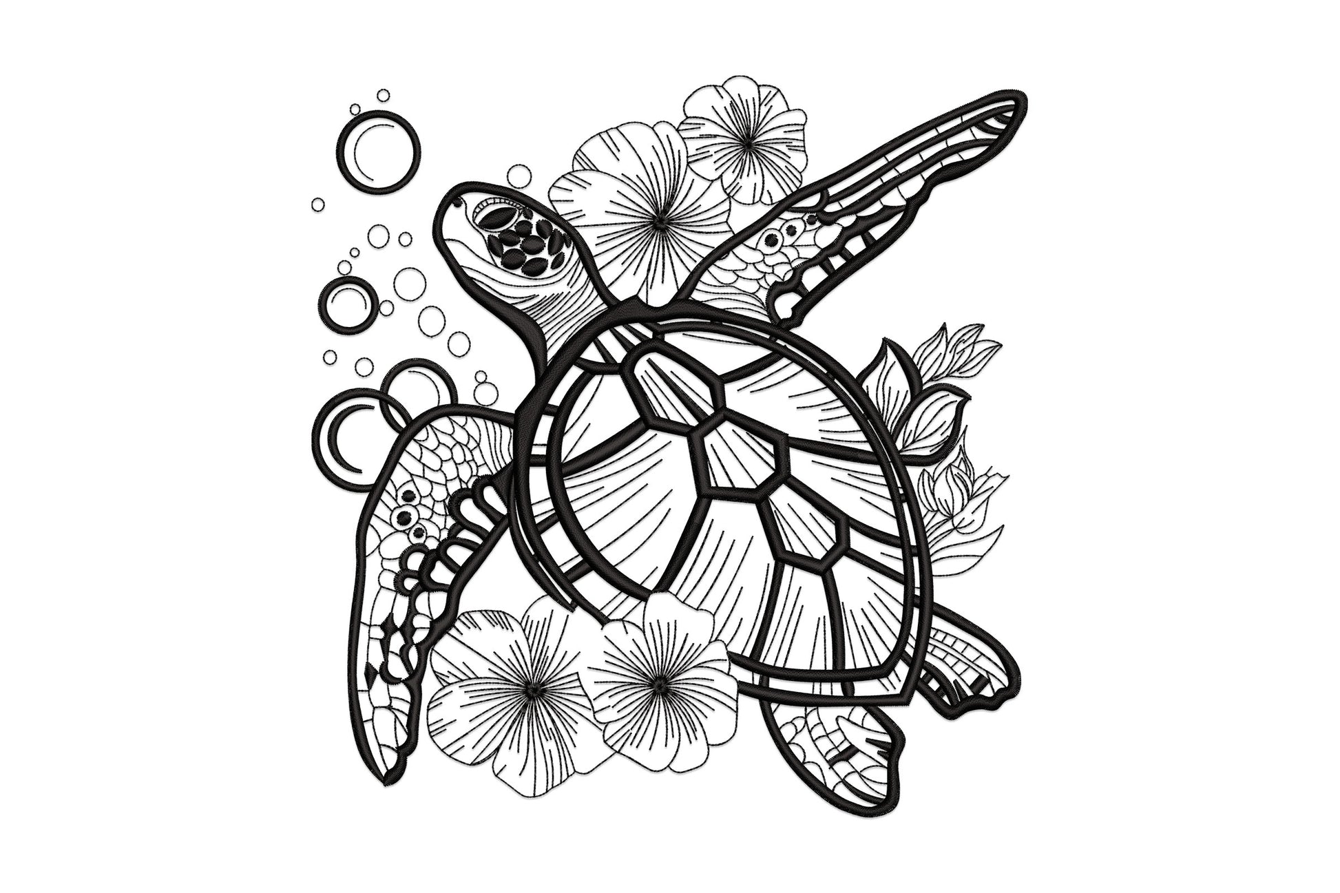 Sea turtle embroidery design viewed from above with geometric shell panel lines, hibiscus flowers behind and floating bubble rings, in detailed black line art.