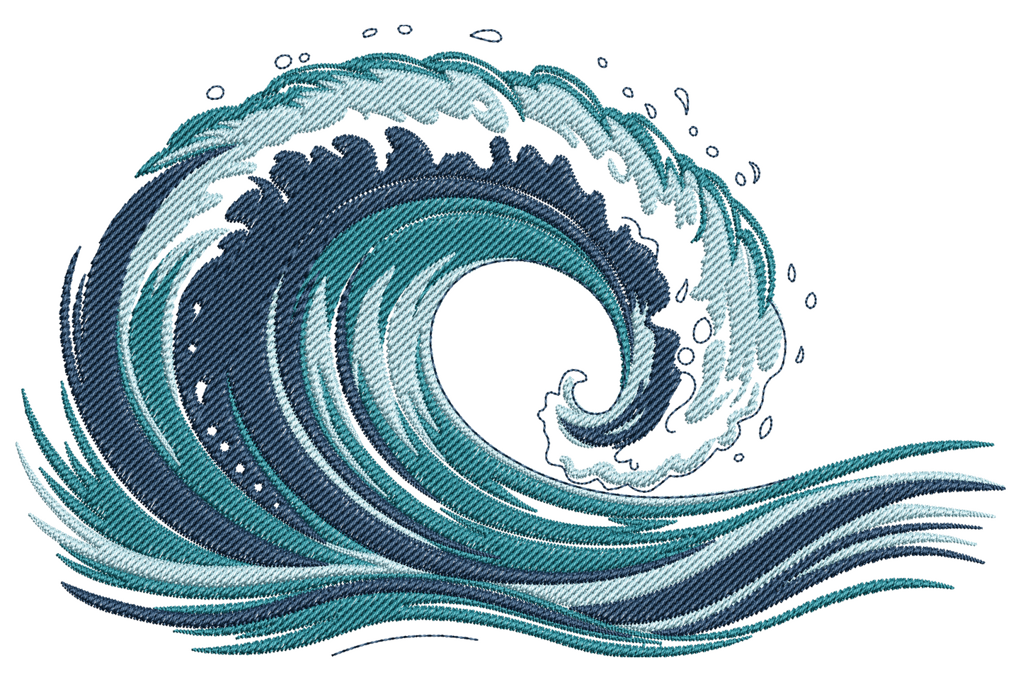 Ocean wave machine embroidery design, three colours, breaking surf wave with deep blue body, teal inner face, frothy white foam crest, 3.5 to 7.5 inch sizes.