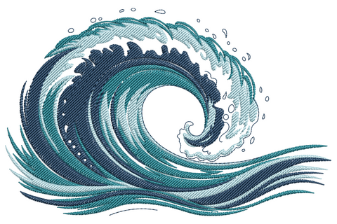 Ocean wave machine embroidery design, three colours, breaking surf wave with deep blue body, teal inner face, frothy white foam crest, 3.5 to 7.5 inch sizes.