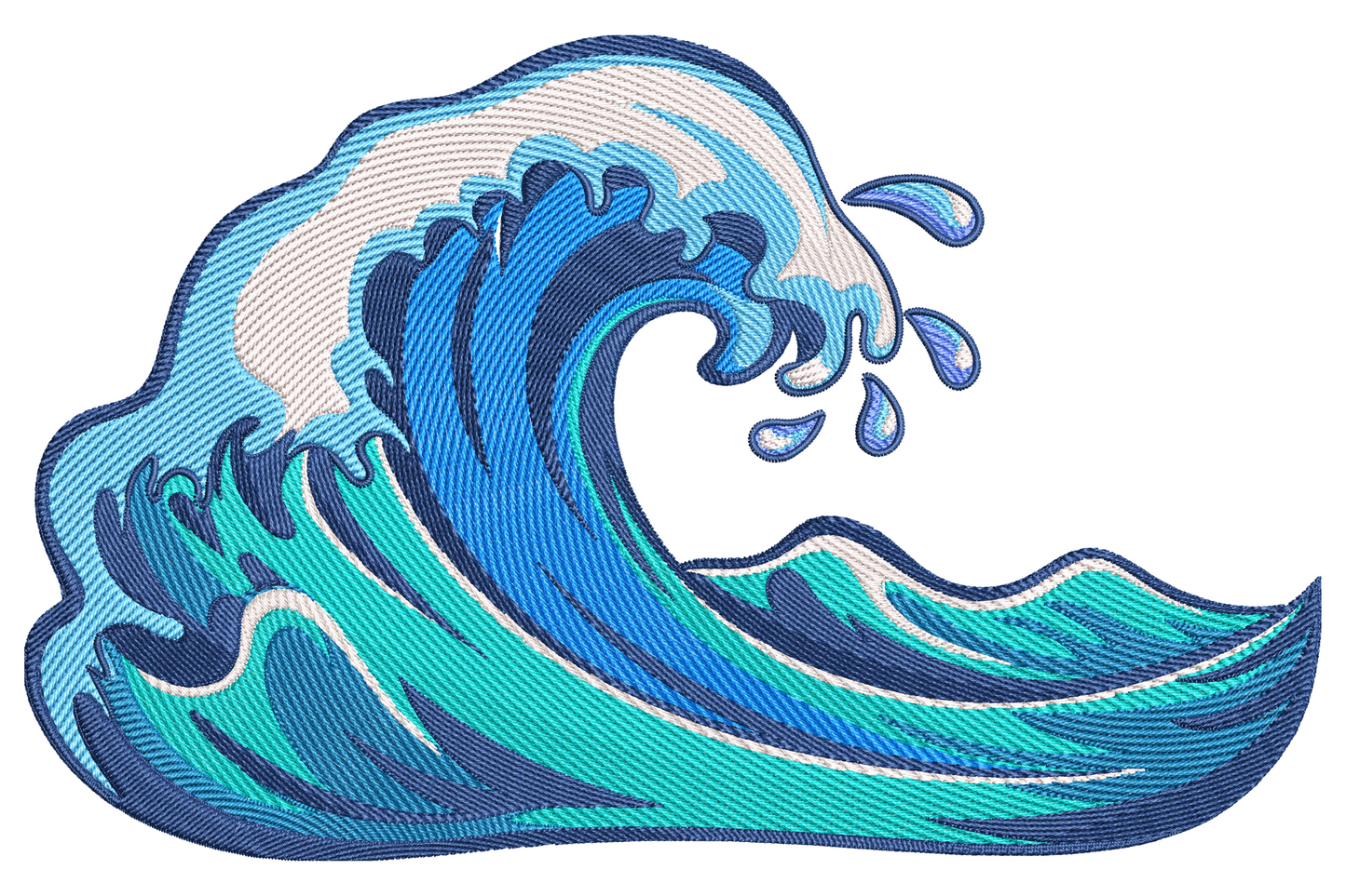 Ocean wave embroidery design in navy, royal blue, teal and white foam with curling crest and spray droplets.