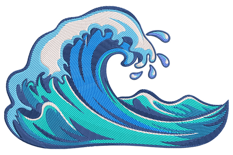 Ocean wave embroidery design in navy, royal blue, teal and white foam with curling crest and spray droplets.