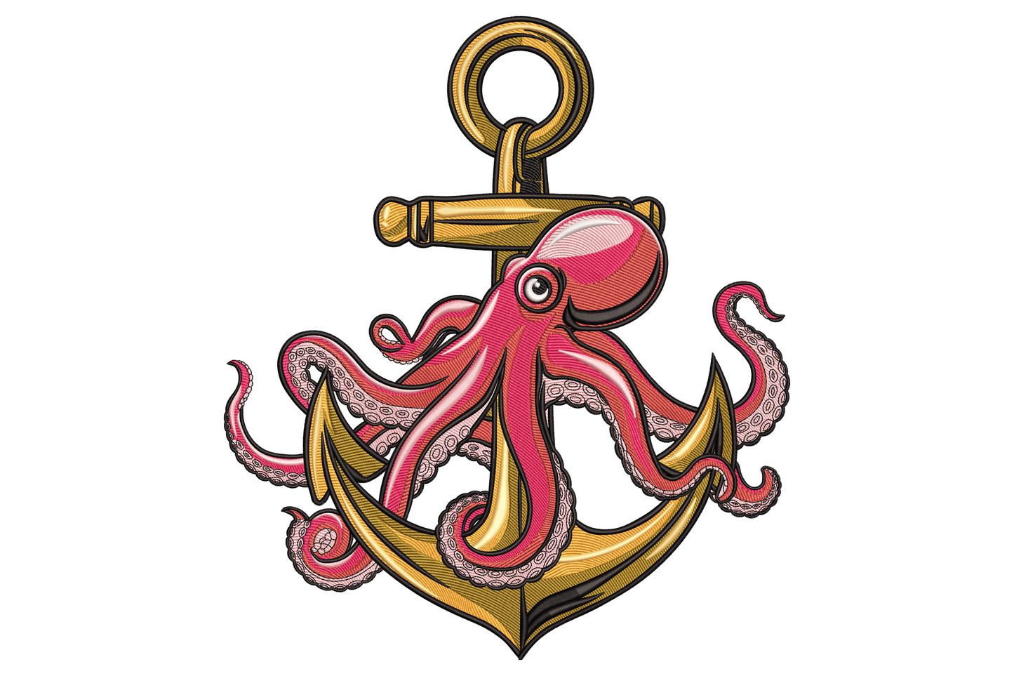 Octopus anchor embroidery design, coral pink octopus wrapped around a gold ship anchor in bold tattoo flash style.