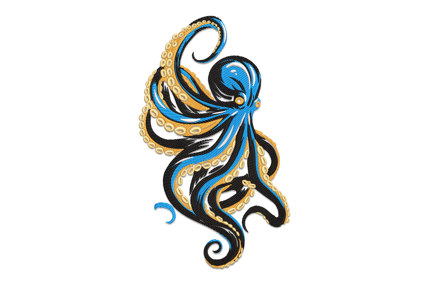 Octopus embroidery design, vertical composition in blue black orange and sand, swirling tentacles, 5 colors, 9 sizes