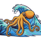 Octopus and Ocean Waves Embroidery Design, Instant Download