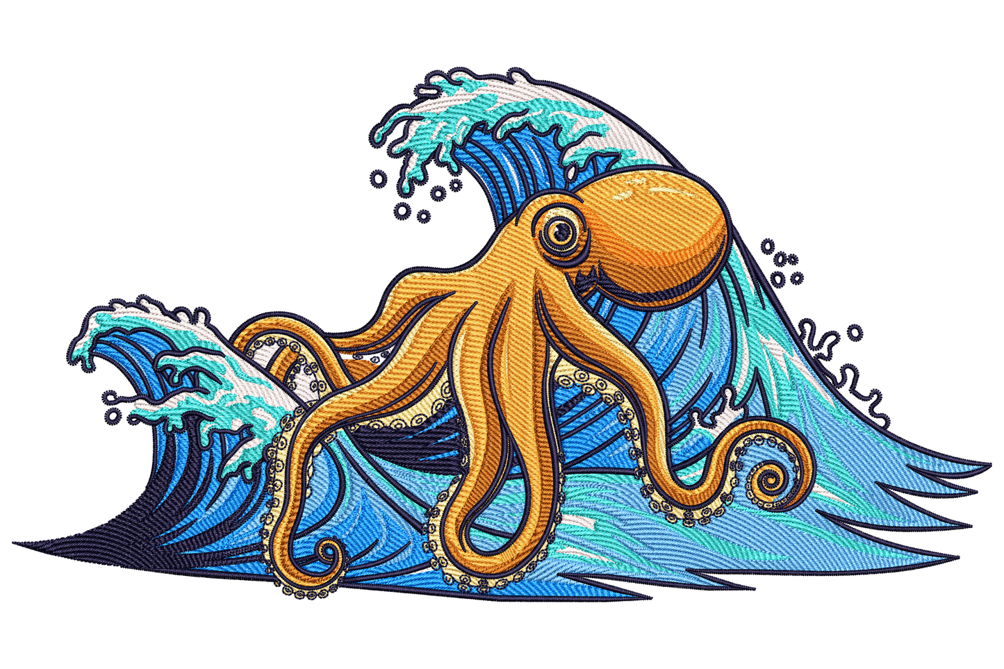 Octopus and ocean waves embroidery with coral pink body and curling tentacles wrapped around navy Hokusai-style waves.