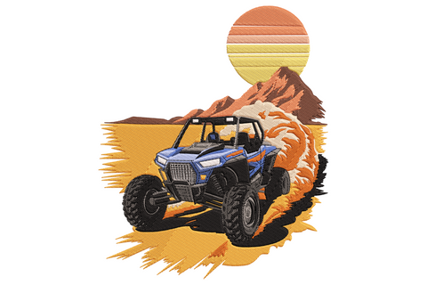 Blue off-road buggy embroidery with knobby tyres, striped sunset, brown mountain ridge and orange dust splash.