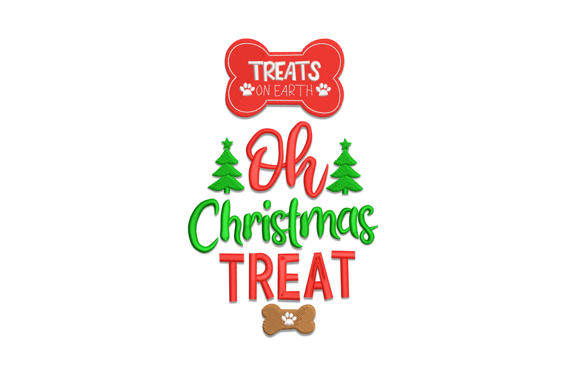 Christmas dog embroidery design with a bone treat and holly sprig, bold cartoon style in tan, crimson and forest green.