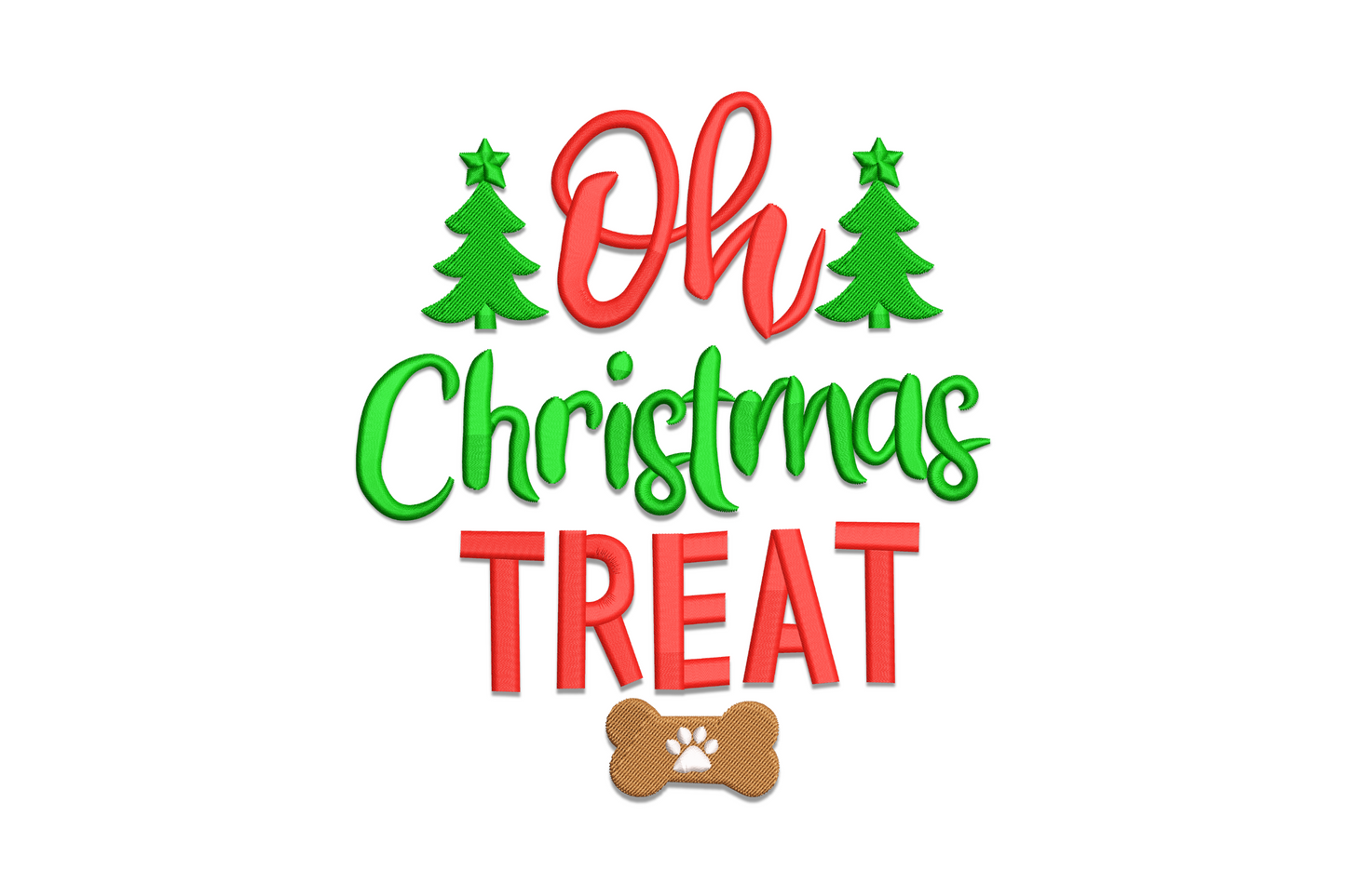 Oh Christmas Treat holiday pun embroidery design with red satin lettering and green accent across 6 sizes from 2.51 to 7.51 inches