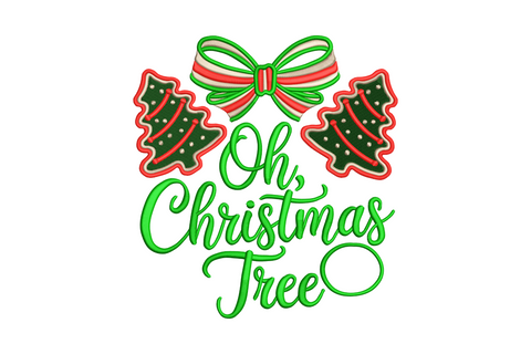 Oh Christmas Tree cursive script machine embroidery design with striped bow and dark green holly leaves at top, 4 colors, 5 sizes