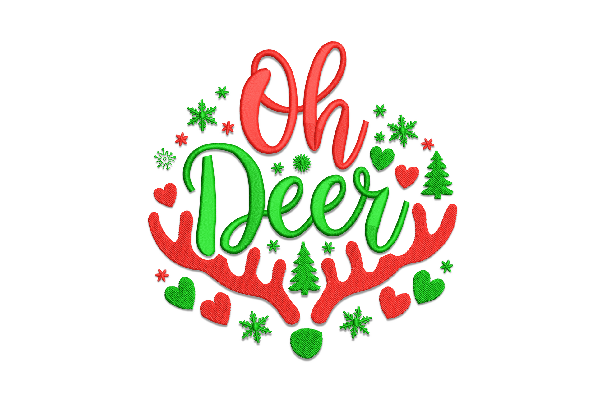 Oh Deer Christmas embroidery with reindeer face, wide antlers, red nose and Oh Deer pun text in warm brown and red thread.