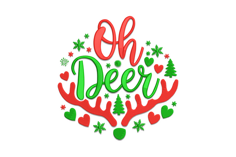 Oh Deer Christmas embroidery with reindeer face, wide antlers, red nose and Oh Deer pun text in warm brown and red thread.