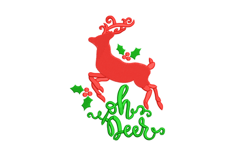 Oh Deer Christmas reindeer embroidery design with leaping red reindeer and green cursive oh Deer script below with holly sprig