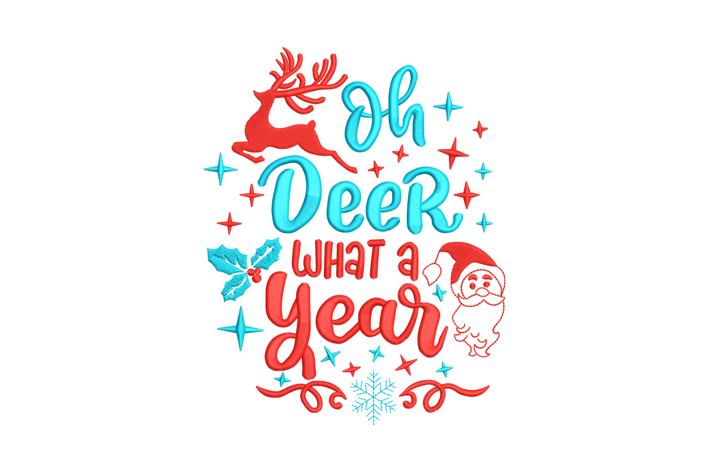 Oh Deer What a Year Christmas embroidery design with coral red and ice blue stacked lettering, leaping reindeer, Santa face, holly and snowflake.