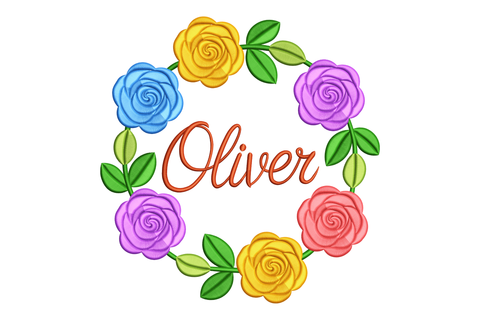 Colorful flower wreath with the name 'Oliver' in the center on a white background