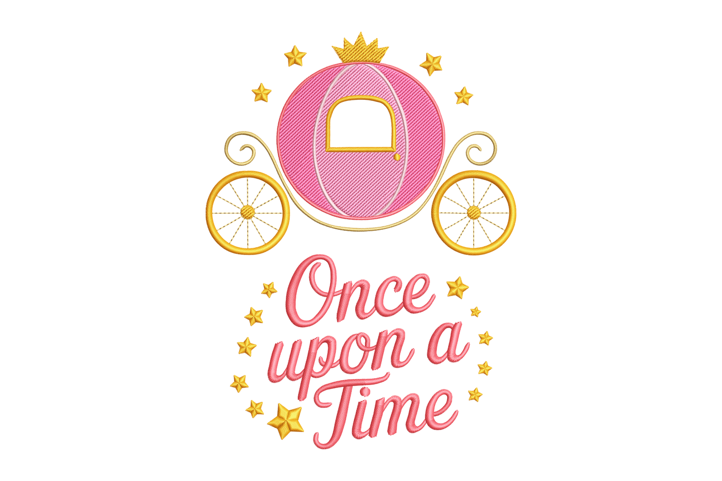 Pink fairy tale carriage with 'Once Upon a Time' text embroidery design
