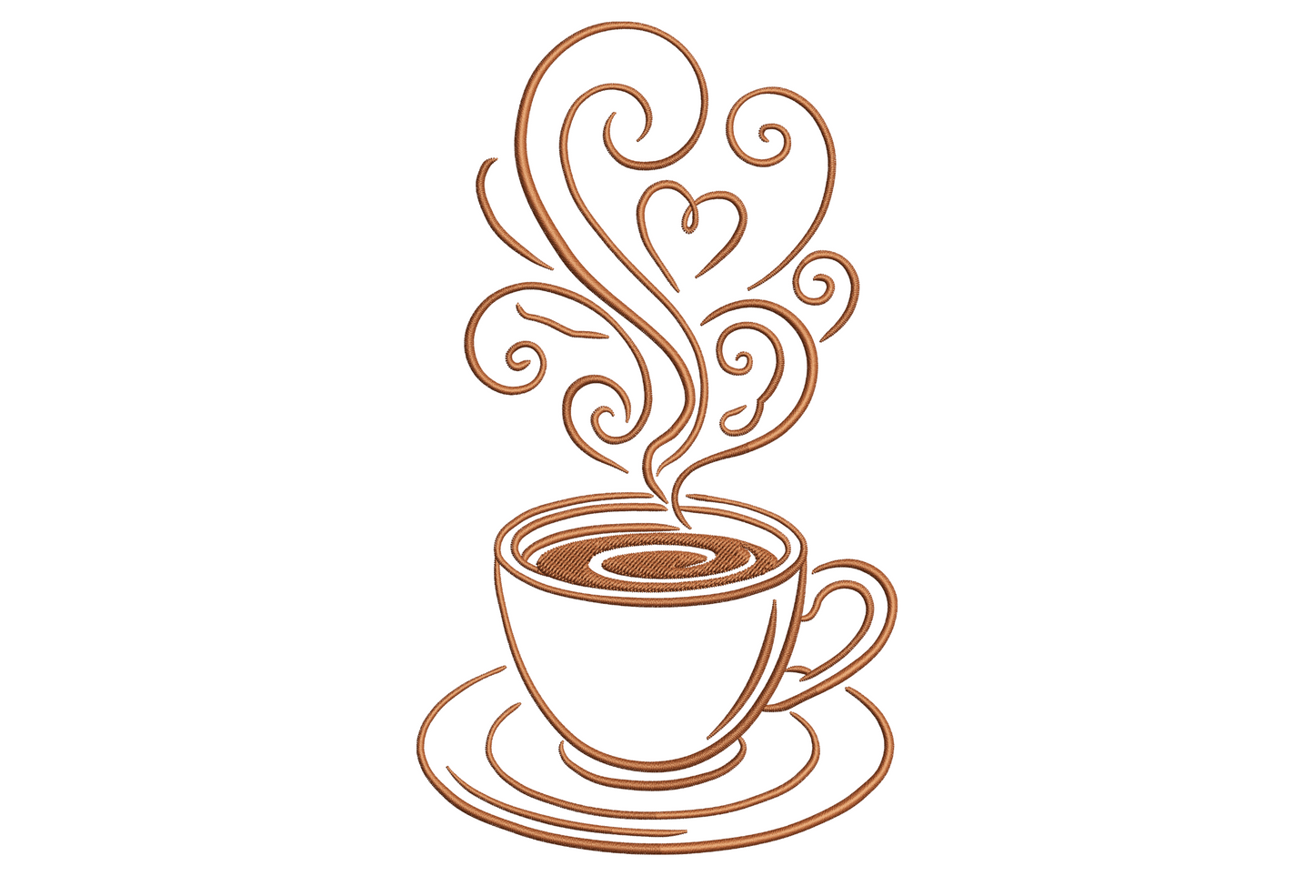 One-line coffee cup embroidery design in chestnut brown with curling steam swirls forming a small heart shape.