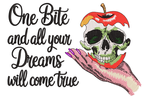 Halloween embroidery with a pale hand holding a skull-faced red apple beside cursive script One Bite and Dreams come true.