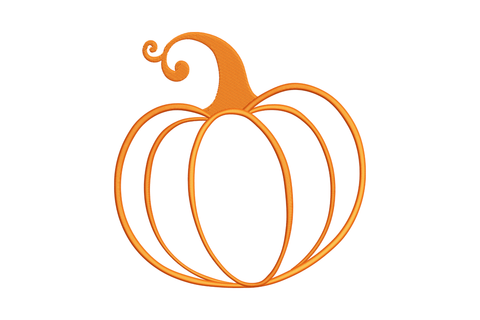 One line pumpkin outline embroidery design in orange thread, continuous outline with rib curves and curly stem vine.