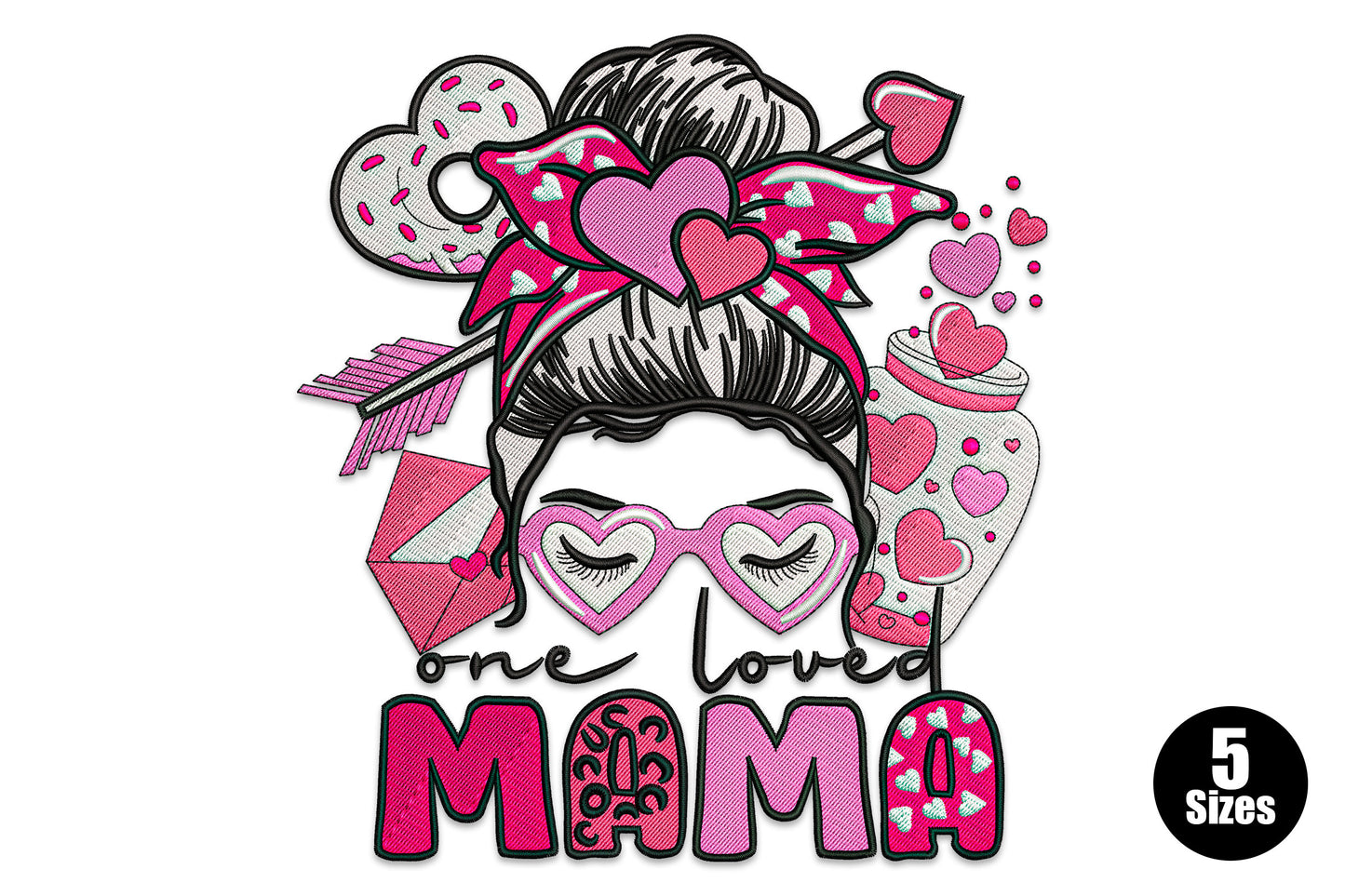 One loved mama embroidery design featuring messy bun woman with heart glasses, donut, coffee cup and Valentine hearts in hot pink and black