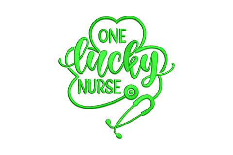 One Lucky Nurse stethoscope embroidery, single green, stethoscope tube bent into a three-lobe shamrock shape with ONE, lucky and NURSE lettering inside.