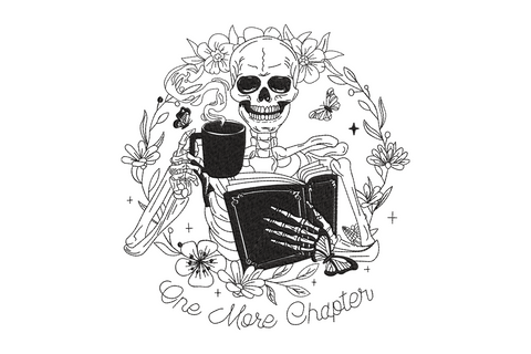 One More Chapter skeleton reader embroidery with book coffee mug floral wreath and butterflies, single colour black, 4 sizes from 4.5 to 7.5 inches